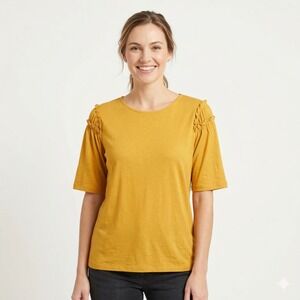 After Market Women's Size Medium Mustard Ruffle Shoulder Stretch Blouse Tops NWT